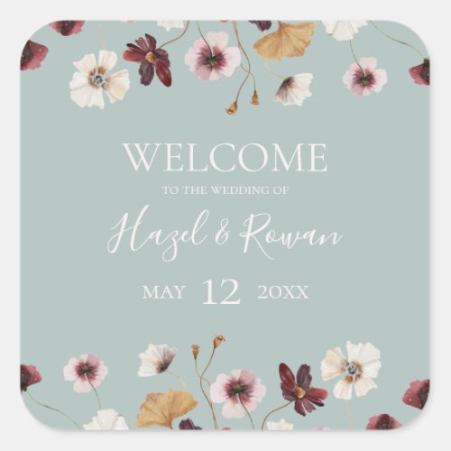 Copper Burgundy Wildflower  Teal Wedding Welcome Square Sticker