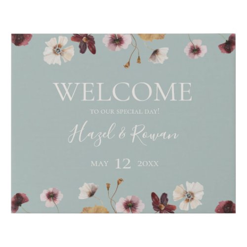 Copper Burgundy Wildflower  Teal Welcome Faux Canvas Print