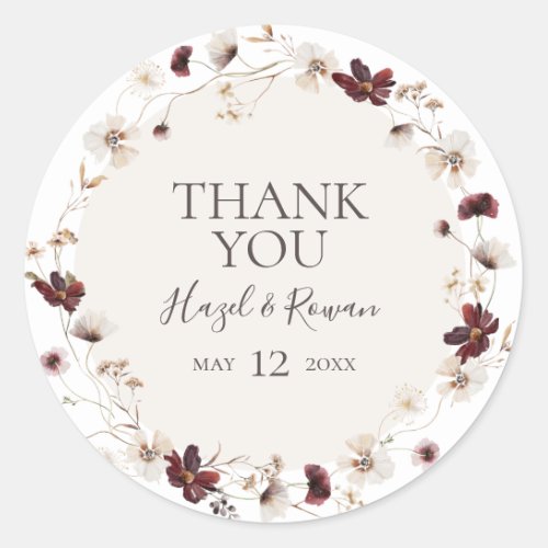 Copper Burgundy Wildflower  Thank You Favor Classic Round Sticker