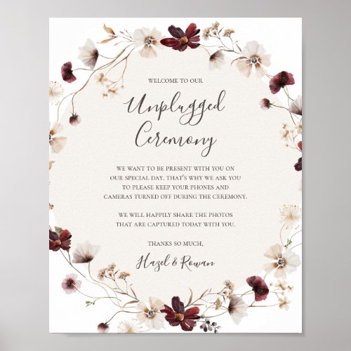 Copper Burgundy Wildflower Unplugged Ceremony Sign