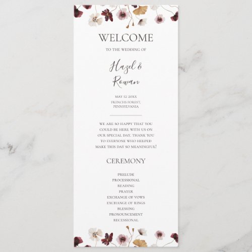 Copper Burgundy Wildflower Wedding Program