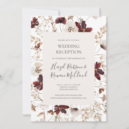 Copper Burgundy Wildflower  Wedding Reception Invitation