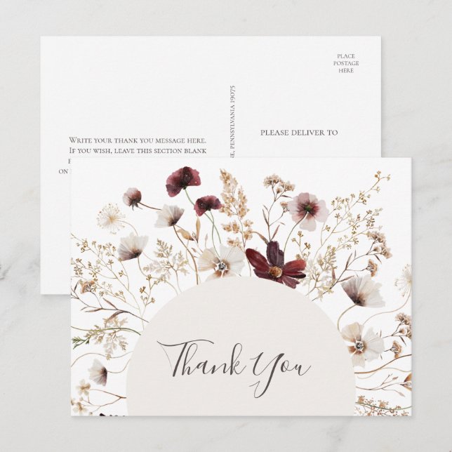 Copper Burgundy Wildflower Wedding Thank You Postcard (Front/Back)