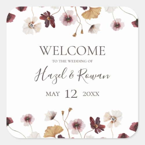 Copper Burgundy Wildflower Wedding Welcome Square  Square Sticker