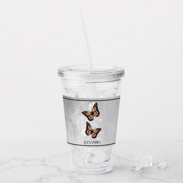 Copper Butterfly Floral Personalized Acrylic Tumbler (Front Ice)