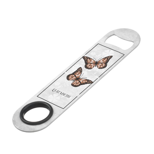 Copper Butterfly Floral Personalized Bar Key (Front Angled)