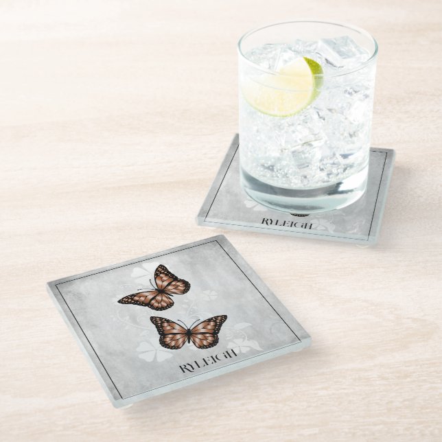 Copper Butterfly Floral Personalized Glass Coaster (Angled)