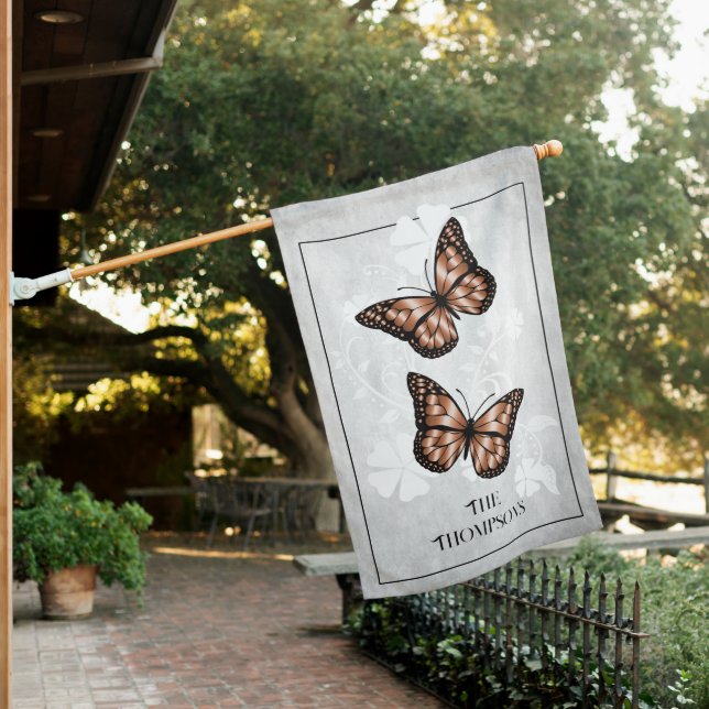 Copper Butterfly Floral Personalized House Flag (In SItu)