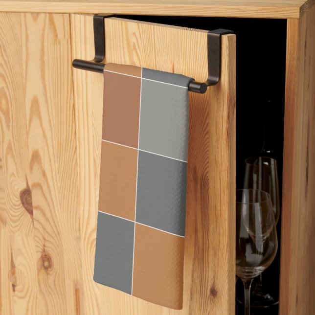 Copper Caramel and Gray Squares Kitchen Towel (Thirds Fold)