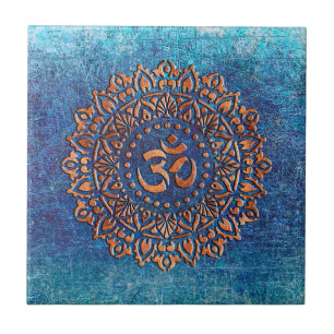 Copper Color Ohm Symbol Mandala on Blue background Ceramic Tile