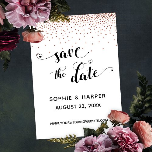 Copper Confetti and Calligraphy with Hearts Save The Date