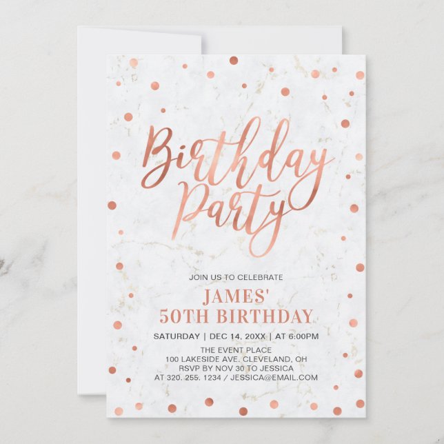Copper Confetti & Marble Adult 50th Birthday Party Invitation (Front)