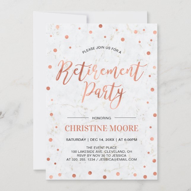 Copper Confetti & Marble | Modern Retirement Party Invitation (Front)