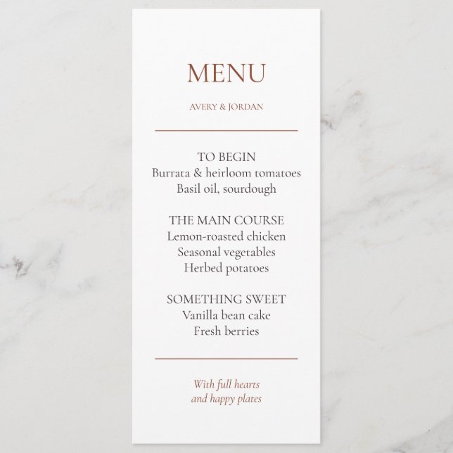 Copper Course Editable Wedding Dinner Menu Card (Front)