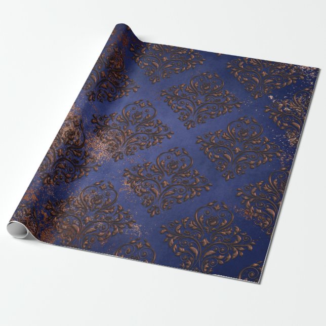 Copper Damask on Purple Blue Wrapping Paper (Unrolled)