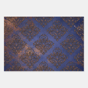 Copper Damask on Purple Blue Wrapping Paper Sheets