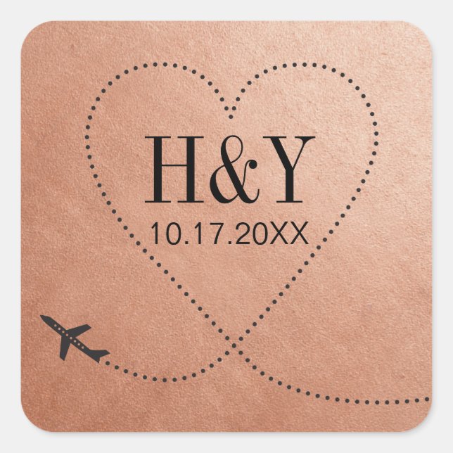 Copper Destination Travel Wedding Plane Monogram Square Sticker (Front)