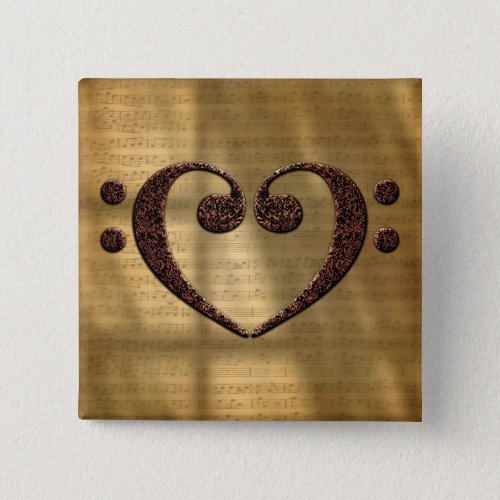 Copper Double Bass Clef Heart Over Gold Sheet Music Square Button