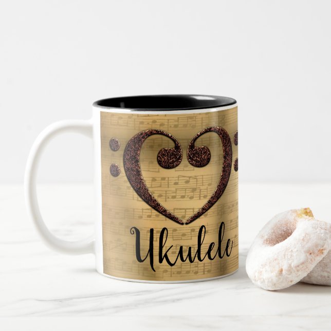 Copper Double Bass Clef Heart Ukulele Two-Tone Coffee Mug (With Donut)