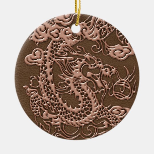 Copper Dragon on Brown Leather Texture Ceramic Ornament