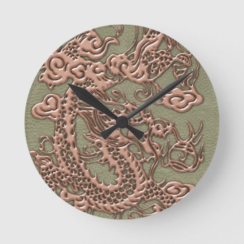 Copper Dragon on Khaki Leather Texture Round Clock