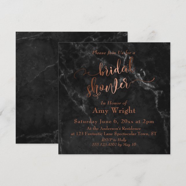 Copper Elegant Script & Black Marble Bridal Shower Invitation (Front/Back)