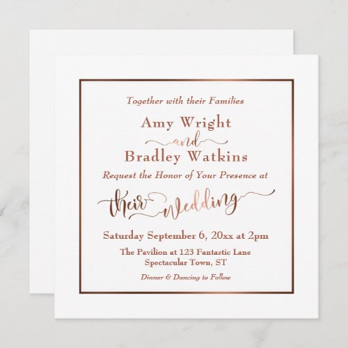 Copper Elegant Script  Editable White  Wedding Invitation
