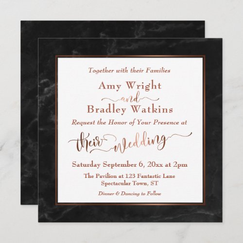 Copper Elegant Script w Black Marble  Wedding Invitation
