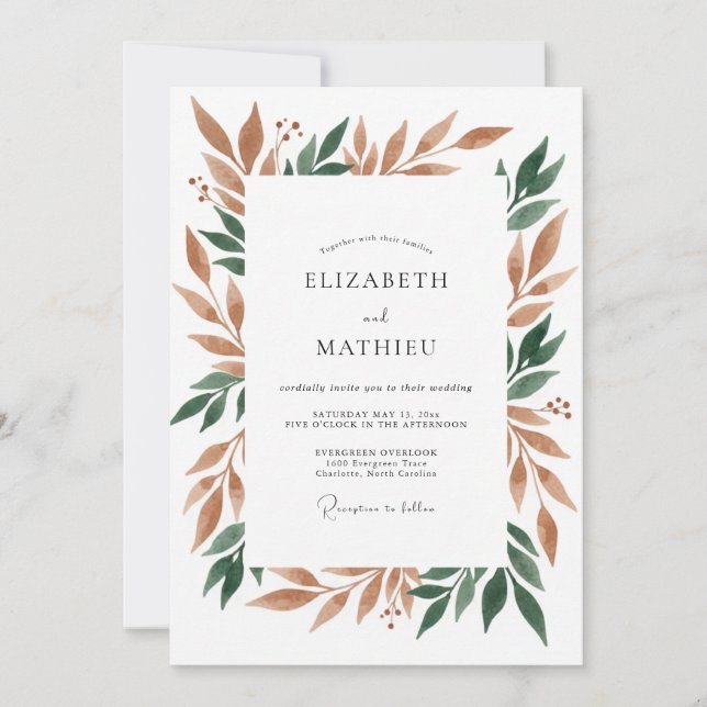 Copper Emerald Leafy Wedding Invitation (Front)