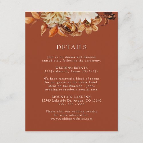 Copper Fall Terracotta Floral Wedding Details Enclosure Card