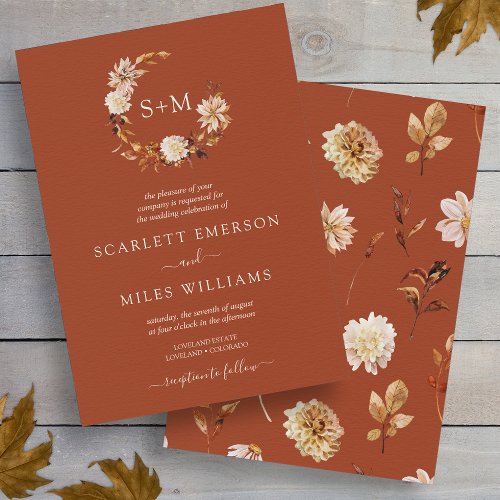 Copper Fall Terracotta Monogram Wreath Wedding Invitation