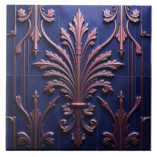 Copper Fleur on Indigo Ceramic Tile