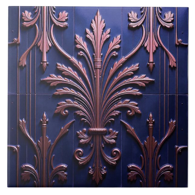 Copper Fleur on Indigo Ceramic Tile (Front)