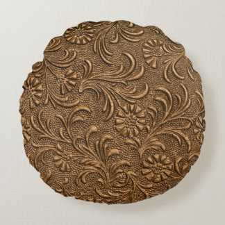 Copper Floral: Embossed Panel Art. Round Pillow