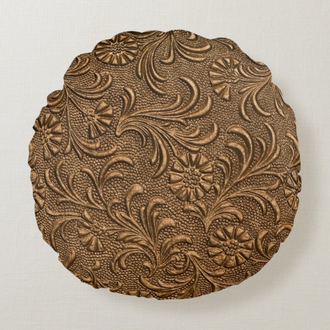 Copper Floral: Embossed Panel Art. Round Pillow (Front)