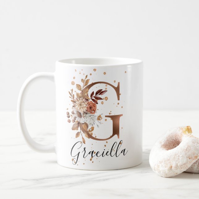 Copper Floral Letter G Monogram Coffee Mug (With Donut)