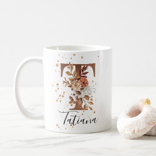 Copper Floral Letter T Monogram Coffee Mug (With Donut)