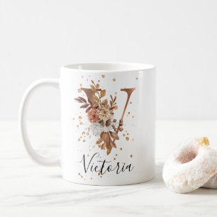Copper Floral Letter V Monogram Coffee Mug
