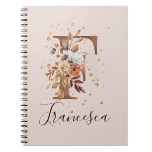 Copper Floral Monogram Letter F Fall Flowers Notebook