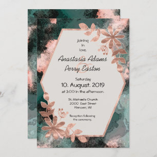 Copper Floral on Black and Teal Watercolor Invitation