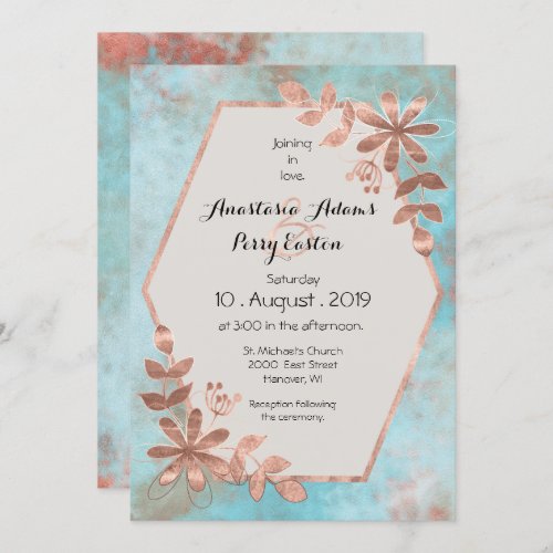 Copper Floral on Teal Watercolor Wedding Invitation