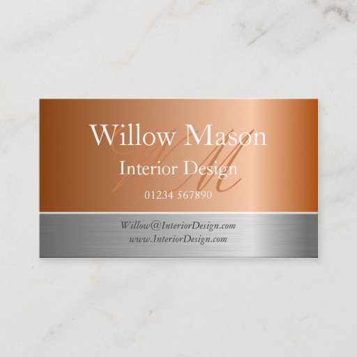 Customizable Copper Foil &amp; Brushed Steel Monogram Business Card