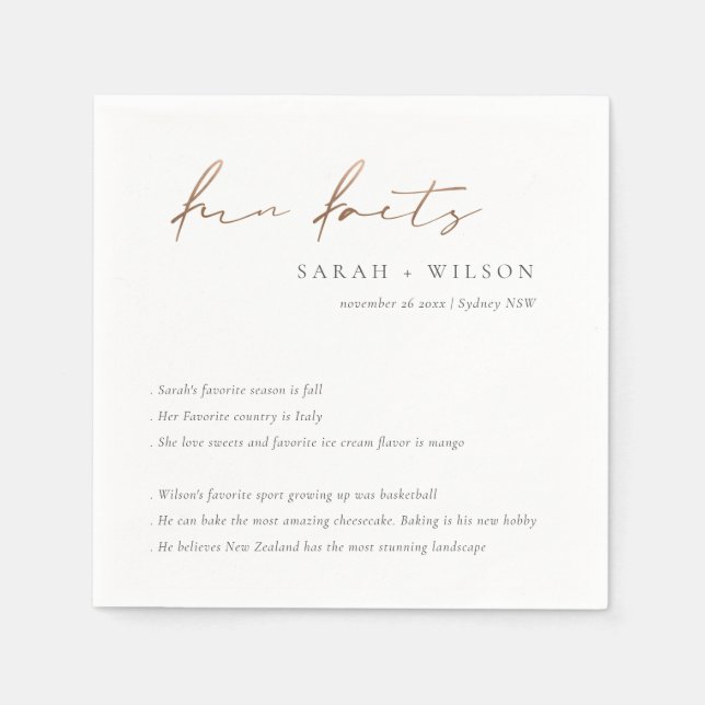 Copper Foil Script Black White Wedding Fun Facts  Napkins (Front)