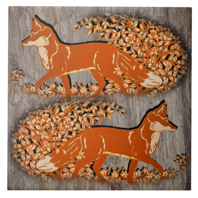 Copper Fox Woodland Scene, Gray Stone Look Trivet (Front)
