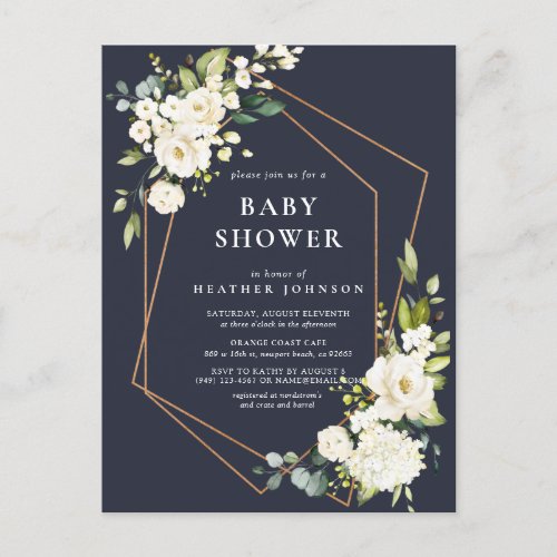 Copper Geometric Blue White Floral Baby Shower Announcement Postcard