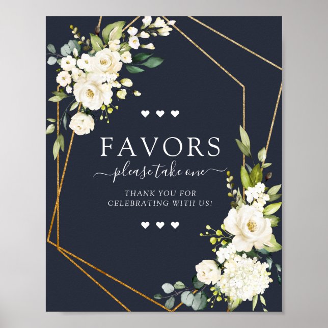 Copper Geometric Blue White Floral Favors Sign (Front)