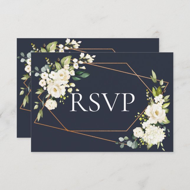 Copper Geometric Blue White Floral No Menu RSVP (Front/Back)