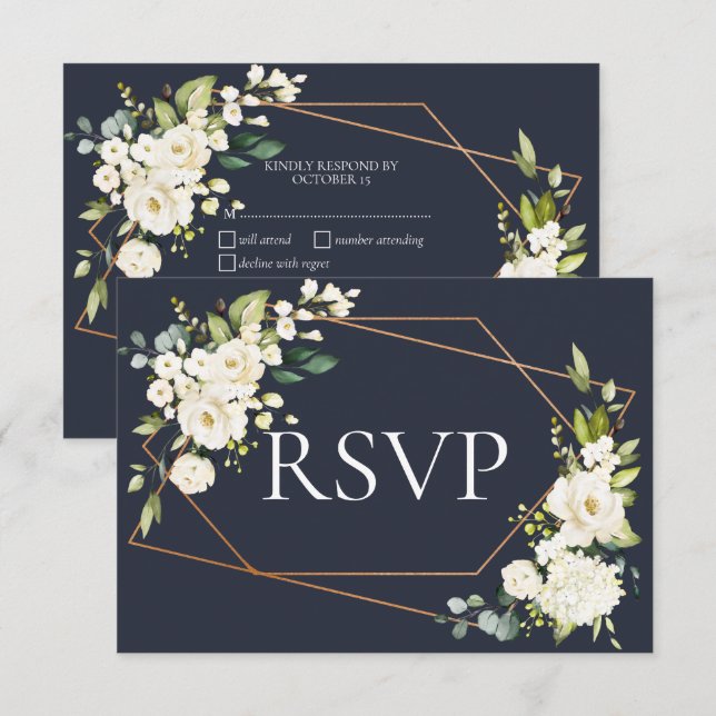 Copper Geometric Blue White Floral RSVP Card (Front/Back)