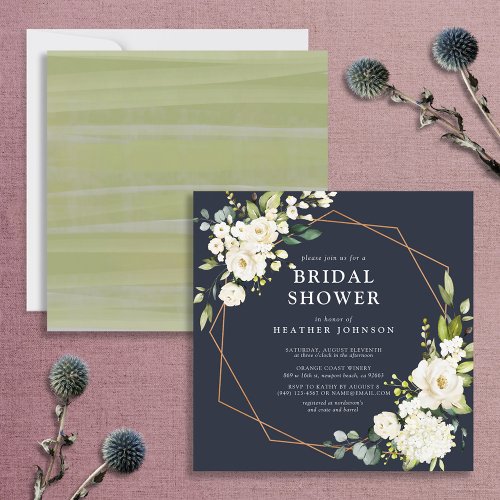 Copper Geometric Blue White Floral Square Shower Invitation