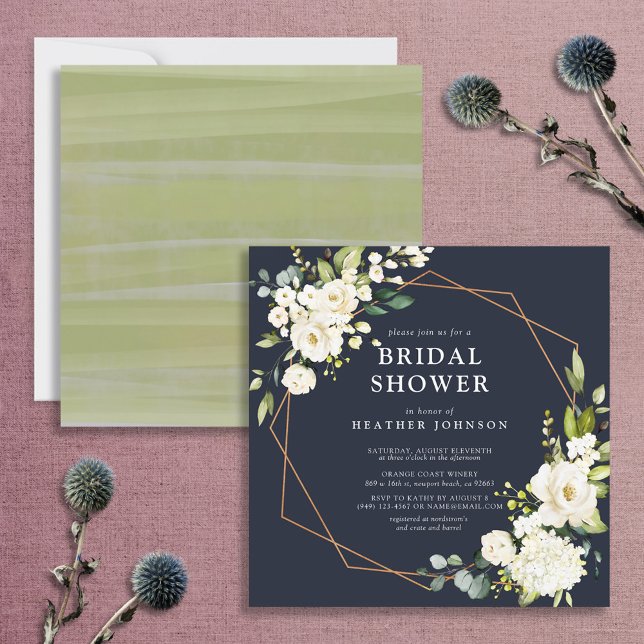 Copper Geometric Blue White Floral Square Shower Invitation (Creator Uploaded)